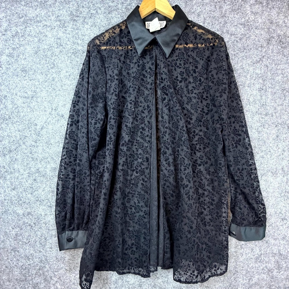 Vintage Decked Out Blouse Top Womens 12 Black Floral Sheer Evening Wear Retro‎